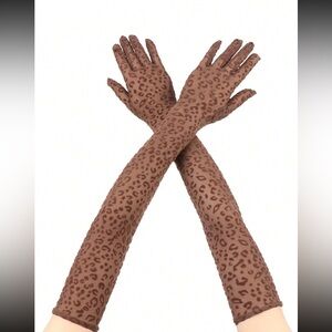 Brown sheer mesh leopard print gloves long nwt